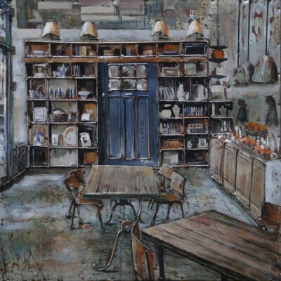 Metallbild mit 3D-Effekt Motiv Bistro